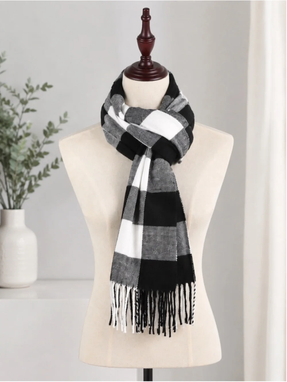 New Black & White Buffalo Plaid Fringe Scarf – Unisex – 72” x 12”